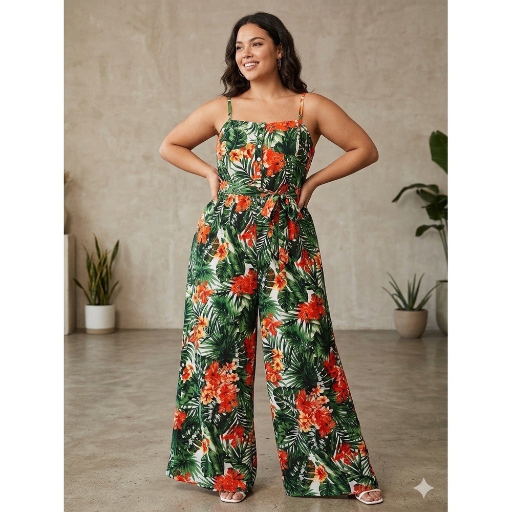 Women's Paradise Botanical Print Wide-Leg Tie Waist Romper Size 3XL